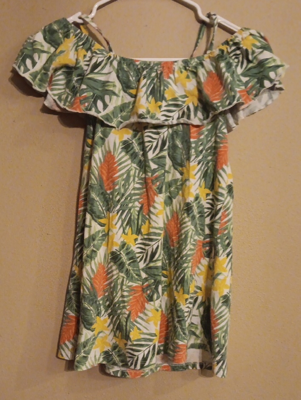 Source Unknown Girls' Tropical Off-Shoulder Dress in Green, Yellow and Orange